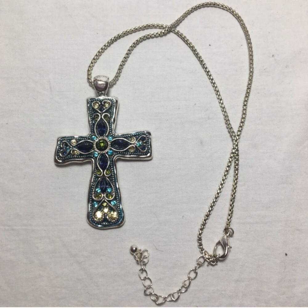 Large Blue and Green Cross Necklace EUC